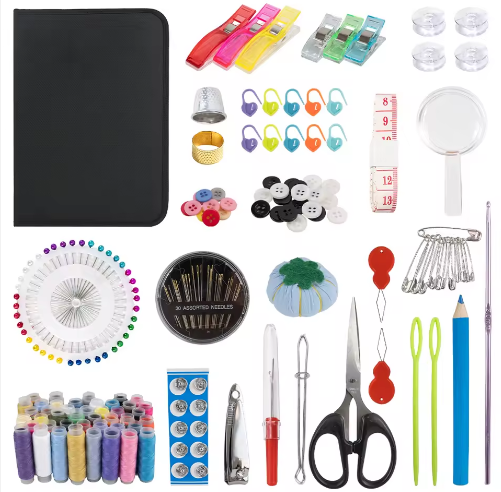Kit de couture DIY MINI pour loisirs créatifs, comprenant des accessoires de couture circulaires en plastique, le tout emballé dans un sachet. - View 2