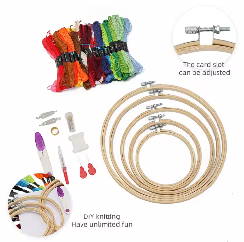 Kit portable de broderie et point de croix avec tambour en plastique et 50 couleurs de fils – Ensemble DIY pour travaux d’aiguille - View 2