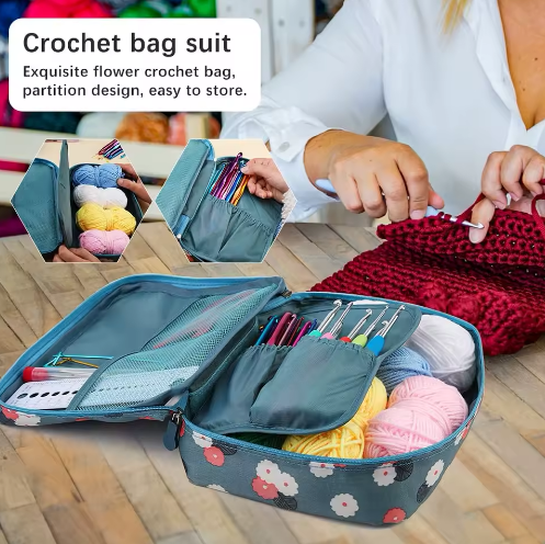 Kit de crochet DIY 58 pièces, ensemble de laine pour débutants, outils et accessoires de tricot, sac de voyage portable, matériel de crochet inclus. - View 3